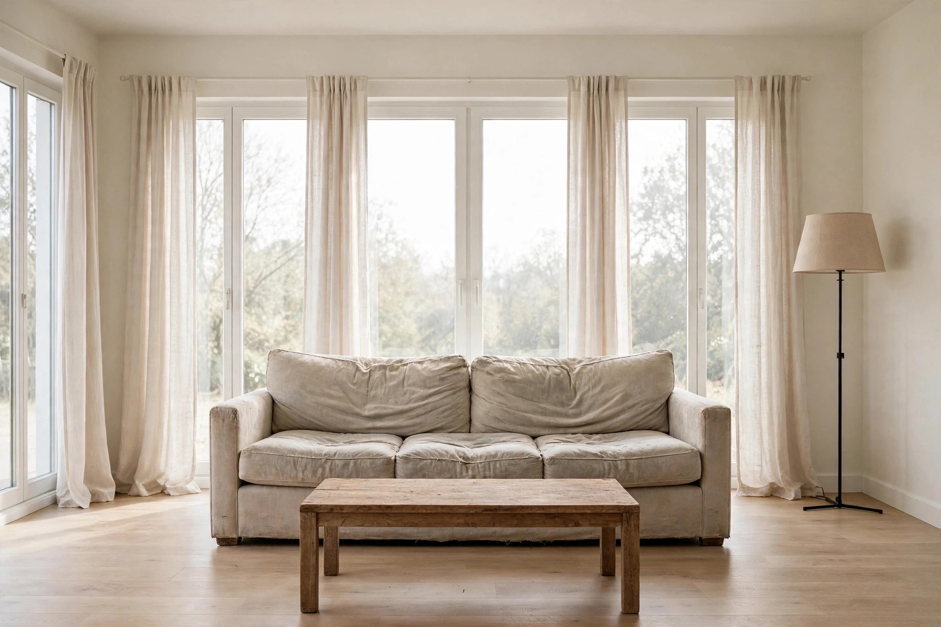 Same living room with old worn-out furniture